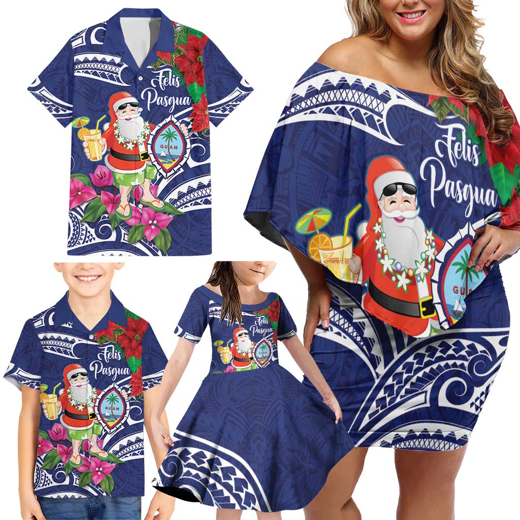 Guam Christmas Family Matching Off Shoulder Short Dress and Hawaiian Shirt Poinsettia With Bougainvillea - Felis Pasgua! LT14 - Polynesian Pride