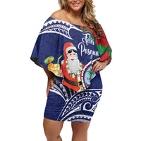Guam Christmas Family Matching Off Shoulder Short Dress and Hawaiian Shirt Poinsettia With Bougainvillea - Felis Pasgua! LT14 Mom's Dress Blue - Polynesian Pride