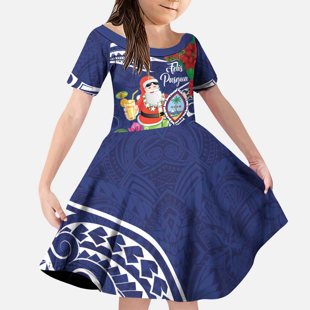 Guam Christmas Family Matching Puletasi and Hawaiian Shirt Poinsettia With Bougainvillea - Felis Pasgua! LT14 Daughter's Dress Blue - Polynesian Pride