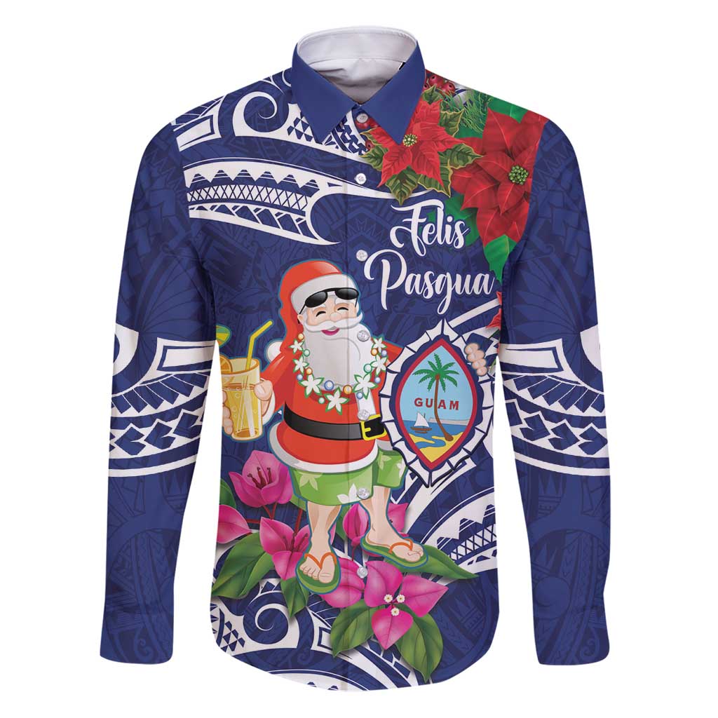 Guam Christmas Family Matching Puletasi and Hawaiian Shirt Poinsettia With Bougainvillea - Felis Pasgua! LT14 Dad's Shirt - Long Sleeve Blue - Polynesian Pride