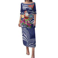 Guam Christmas Family Matching Puletasi and Hawaiian Shirt Poinsettia With Bougainvillea - Felis Pasgua! LT14 Mom's Dress Blue - Polynesian Pride