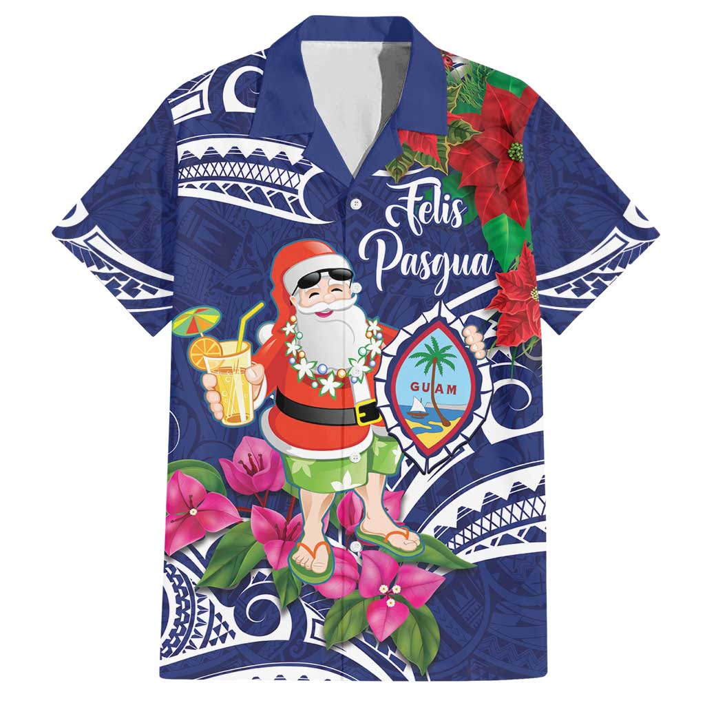 Guam Christmas Family Matching Tank Maxi Dress and Hawaiian Shirt Poinsettia With Bougainvillea - Felis Pasgua! LT14 Dad's Shirt - Short Sleeve Blue - Polynesian Pride