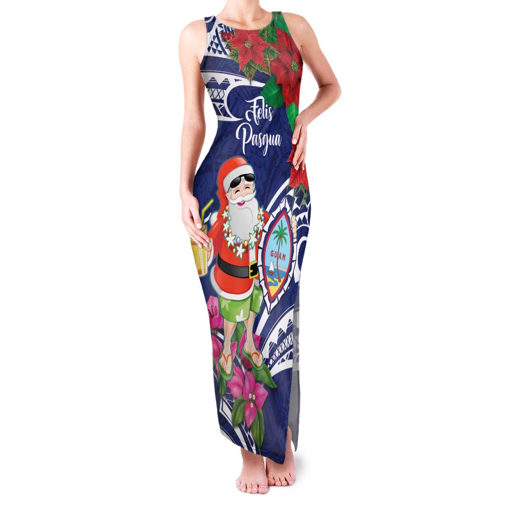 Guam Christmas Family Matching Tank Maxi Dress and Hawaiian Shirt Poinsettia With Bougainvillea - Felis Pasgua! LT14 Mom's Dress Blue - Polynesian Pride