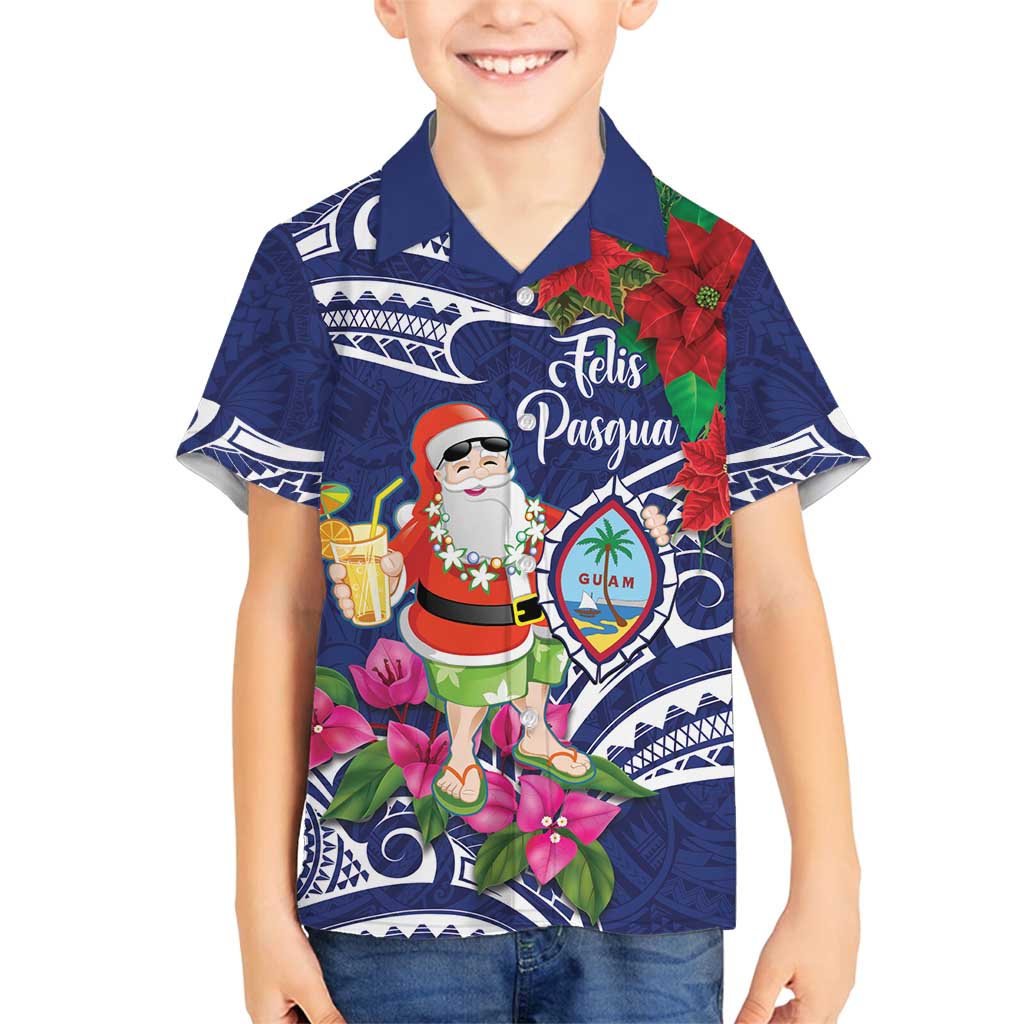 Guam Christmas Family Matching Tank Maxi Dress and Hawaiian Shirt Poinsettia With Bougainvillea - Felis Pasgua! LT14 Son's Shirt Blue - Polynesian Pride