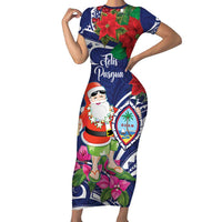 Guam Christmas Short Sleeve Bodycon Dress Poinsettia With Bougainvillea - Felis Pasgua! LT14 Long Dress Blue - Polynesian Pride