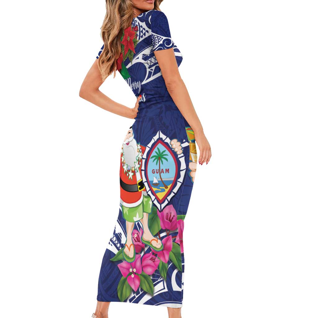 Guam Christmas Short Sleeve Bodycon Dress Poinsettia With Bougainvillea - Felis Pasgua! LT14 - Polynesian Pride