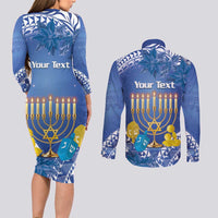 Personalised Hanukkah Jewish Festival Couples Matching Long Sleeve Bodycon Dress and Long Sleeve Button Shirt It's Lit - Polynesian Pattern