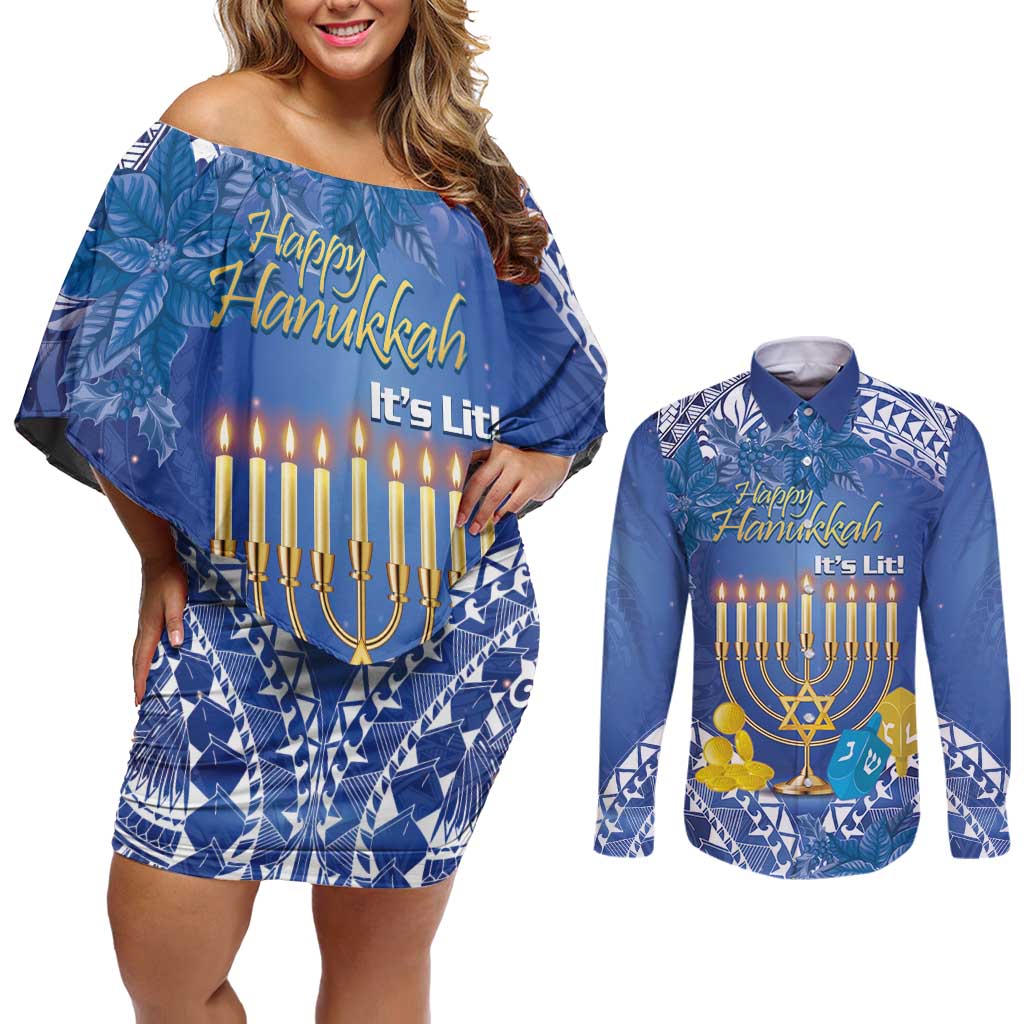 Personalised Hanukkah Jewish Festival Couples Matching Off Shoulder Short Dress and Long Sleeve Button Shirt It's Lit - Polynesian Pattern