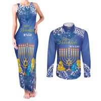 Personalised Hanukkah Jewish Festival Couples Matching Tank Maxi Dress and Long Sleeve Button Shirt It's Lit - Polynesian Pattern