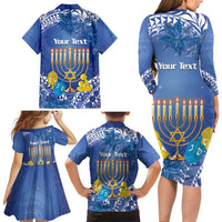 Personalised Hanukkah Jewish Festival Family Matching Long Sleeve Bodycon Dress and Hawaiian Shirt It's Lit - Polynesian Pattern LT14 - Polynesian Pride