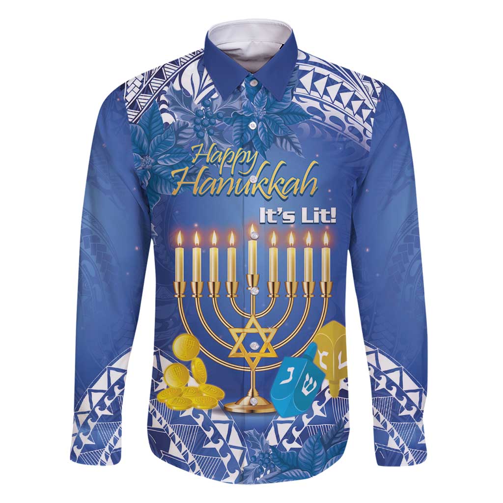 Personalised Hanukkah Jewish Festival Family Matching Long Sleeve Bodycon Dress and Hawaiian Shirt It's Lit - Polynesian Pattern LT14 Dad's Shirt - Long Sleeve Blue - Polynesian Pride