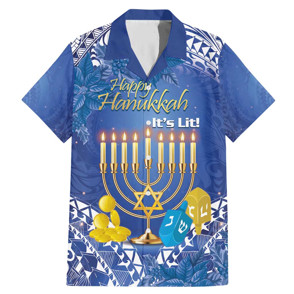 Personalised Hanukkah Jewish Festival Family Matching Mermaid Dress and Hawaiian Shirt It's Lit - Polynesian Pattern LT14 Dad's Shirt - Short Sleeve Blue - Polynesian Pride