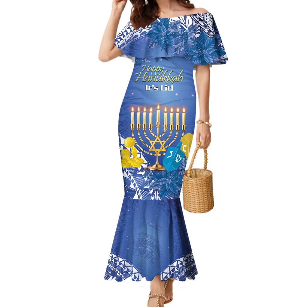 Personalised Hanukkah Jewish Festival Family Matching Mermaid Dress and Hawaiian Shirt It's Lit - Polynesian Pattern LT14 Mom's Dress Blue - Polynesian Pride