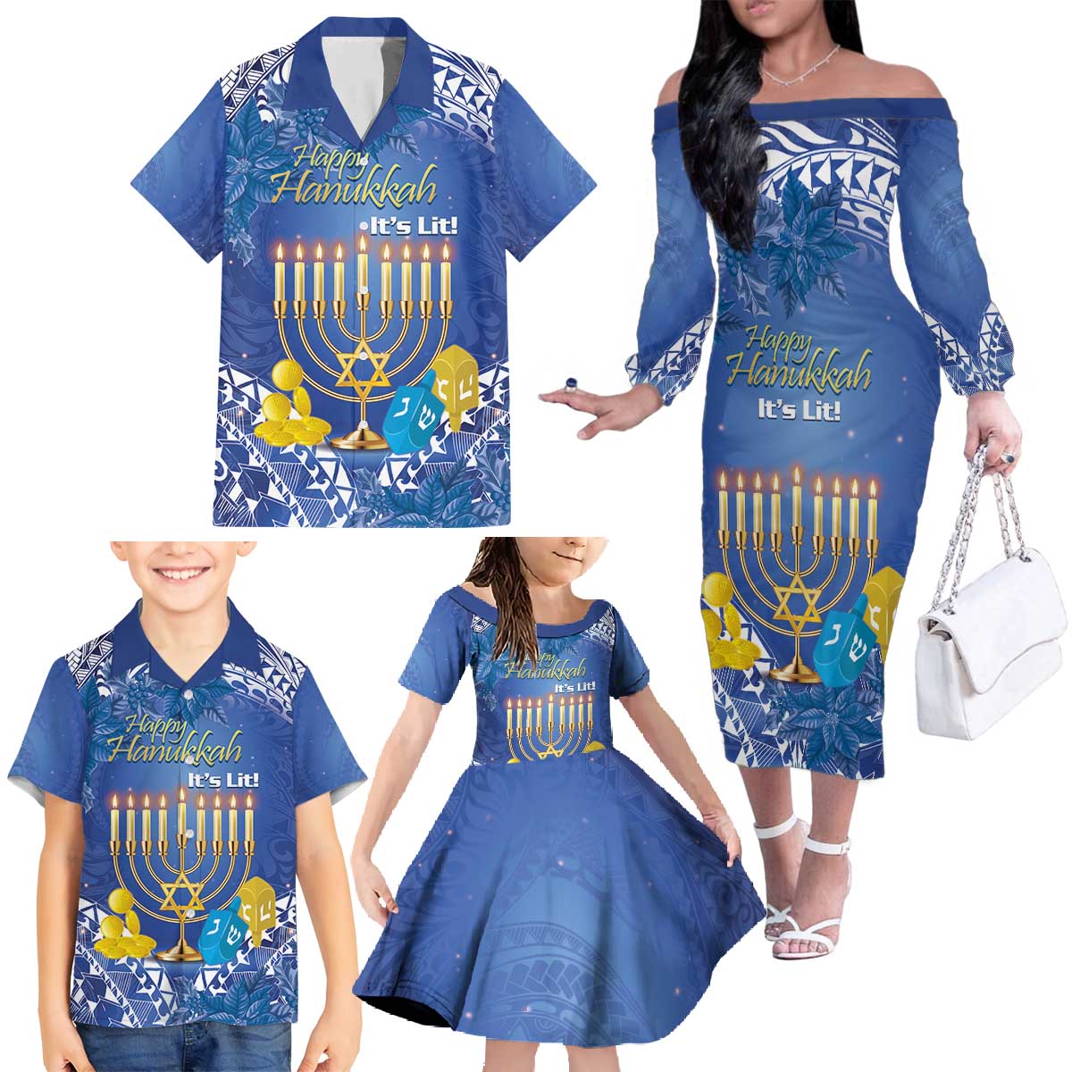 Personalised Hanukkah Jewish Festival Family Matching Off The Shoulder Long Sleeve Dress and Hawaiian Shirt It's Lit - Polynesian Pattern LT14 - Polynesian Pride