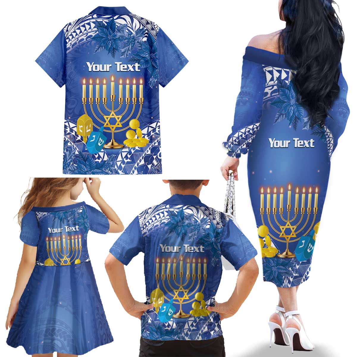 Personalised Hanukkah Jewish Festival Family Matching Off The Shoulder Long Sleeve Dress and Hawaiian Shirt It's Lit - Polynesian Pattern LT14 - Polynesian Pride