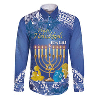 Personalised Hanukkah Jewish Festival Family Matching Off The Shoulder Long Sleeve Dress and Hawaiian Shirt It's Lit - Polynesian Pattern LT14 Dad's Shirt - Long Sleeve Blue - Polynesian Pride
