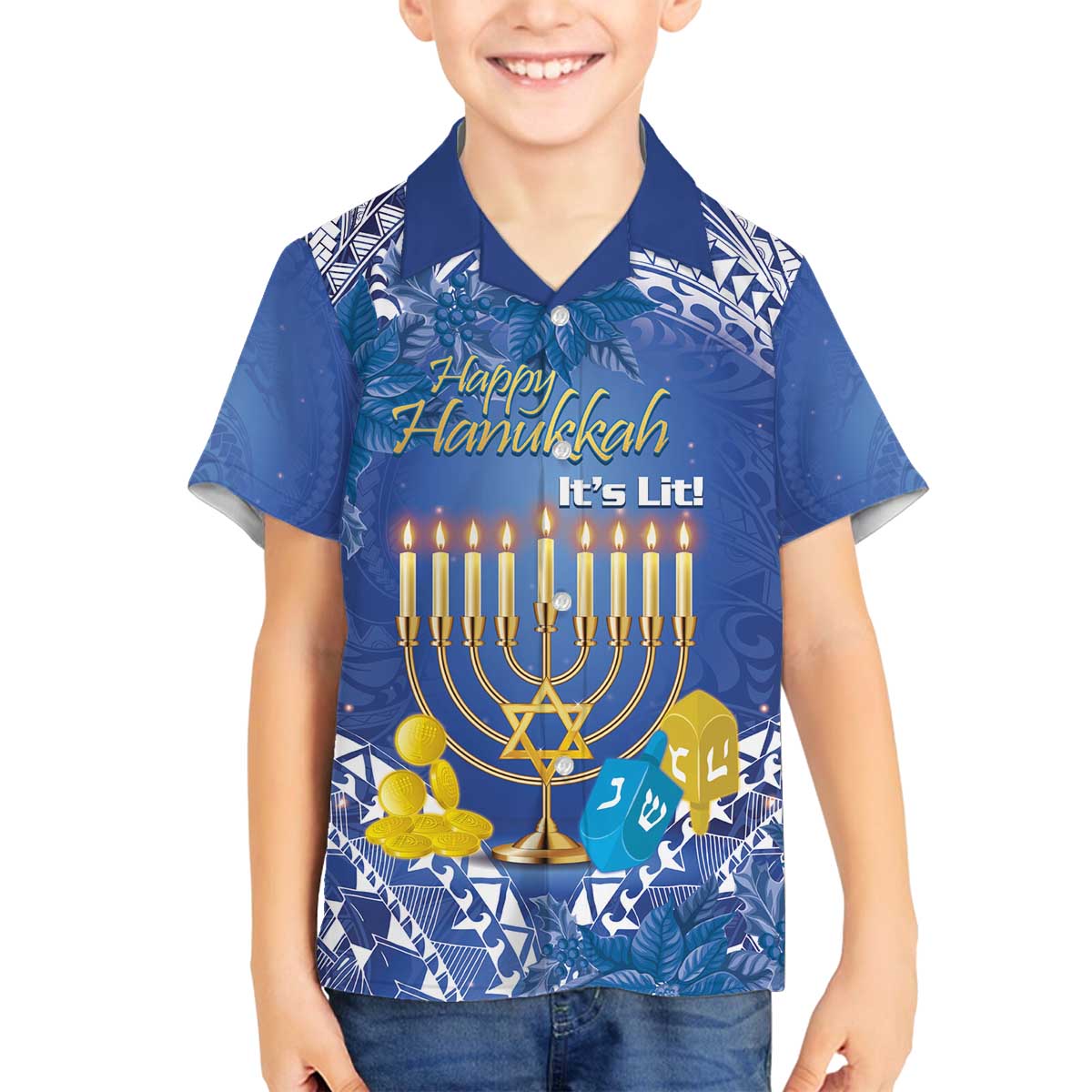 Personalised Hanukkah Jewish Festival Family Matching Off The Shoulder Long Sleeve Dress and Hawaiian Shirt It's Lit - Polynesian Pattern LT14 Son's Shirt Blue - Polynesian Pride