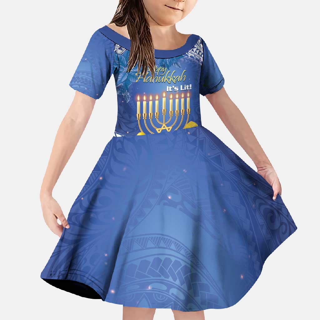 Personalised Hanukkah Jewish Festival Family Matching Off Shoulder Maxi Dress and Hawaiian Shirt It's Lit - Polynesian Pattern LT14 Daughter's Dress Blue - Polynesian Pride
