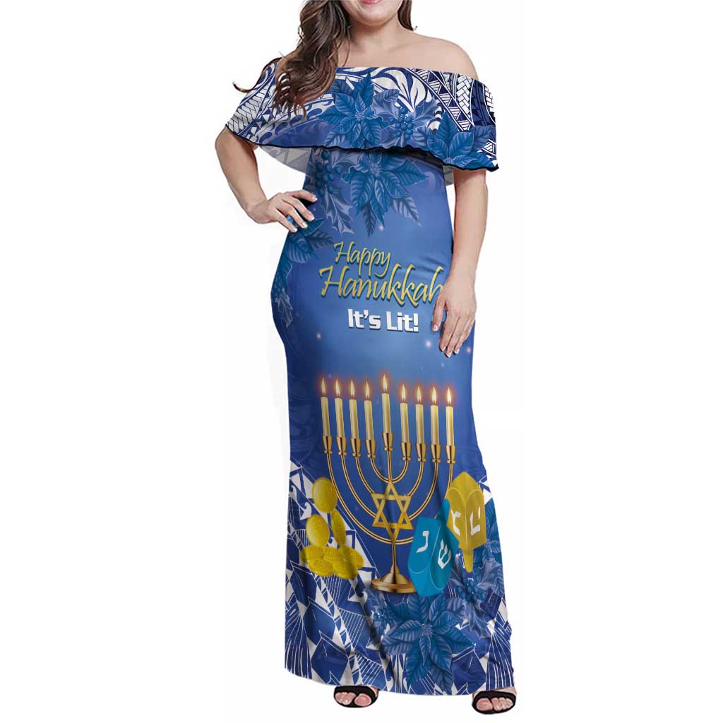 Personalised Hanukkah Jewish Festival Family Matching Off Shoulder Maxi Dress and Hawaiian Shirt It's Lit - Polynesian Pattern LT14 Mom's Dress Blue - Polynesian Pride