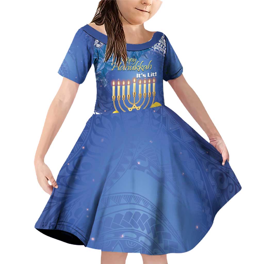 Personalised Hanukkah Jewish Festival Family Matching Off Shoulder Short Dress and Hawaiian Shirt It's Lit - Polynesian Pattern LT14 Daughter's Dress Blue - Polynesian Pride