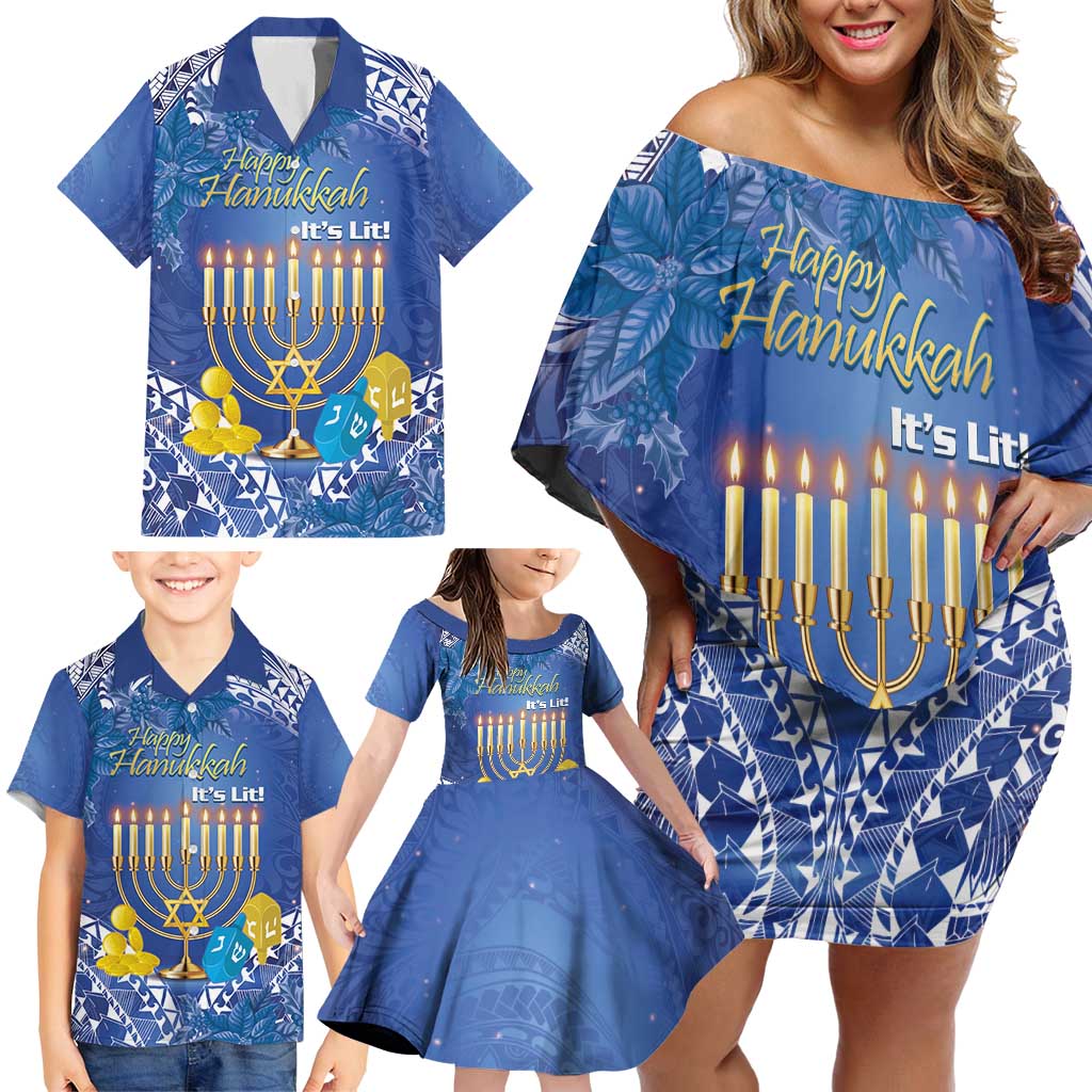 Personalised Hanukkah Jewish Festival Family Matching Off Shoulder Short Dress and Hawaiian Shirt It's Lit - Polynesian Pattern LT14 - Polynesian Pride