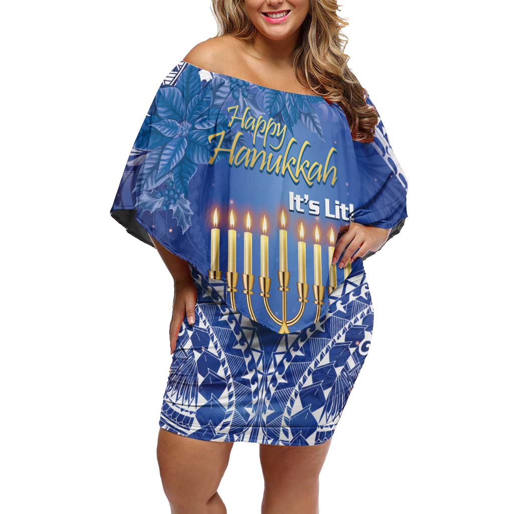 Personalised Hanukkah Jewish Festival Family Matching Off Shoulder Short Dress and Hawaiian Shirt It's Lit - Polynesian Pattern LT14 Mom's Dress Blue - Polynesian Pride