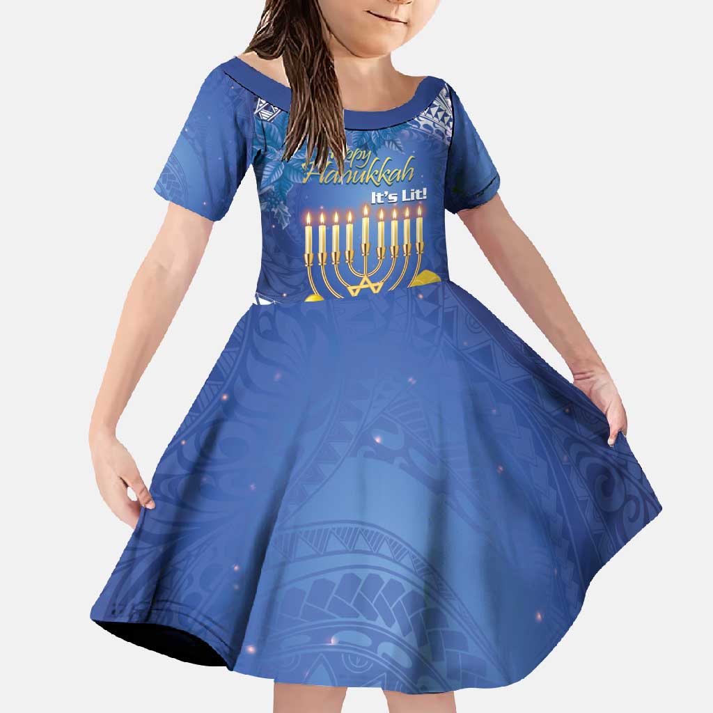 Personalised Hanukkah Jewish Festival Family Matching Short Sleeve Bodycon Dress and Hawaiian Shirt It's Lit - Polynesian Pattern LT14 Daughter's Dress Blue - Polynesian Pride