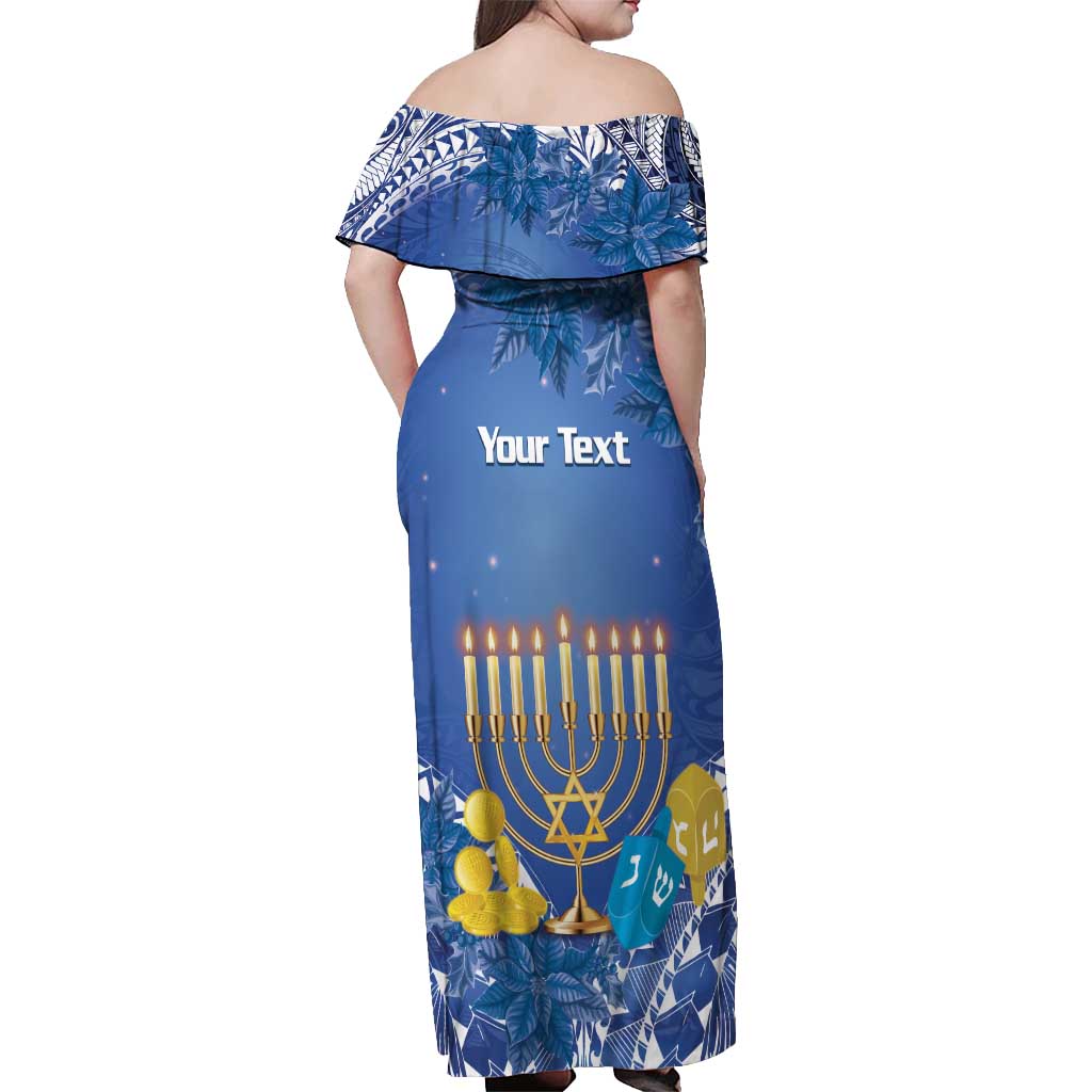 Personalised Hanukkah Jewish Festival Off Shoulder Maxi Dress It's Lit - Polynesian Pattern