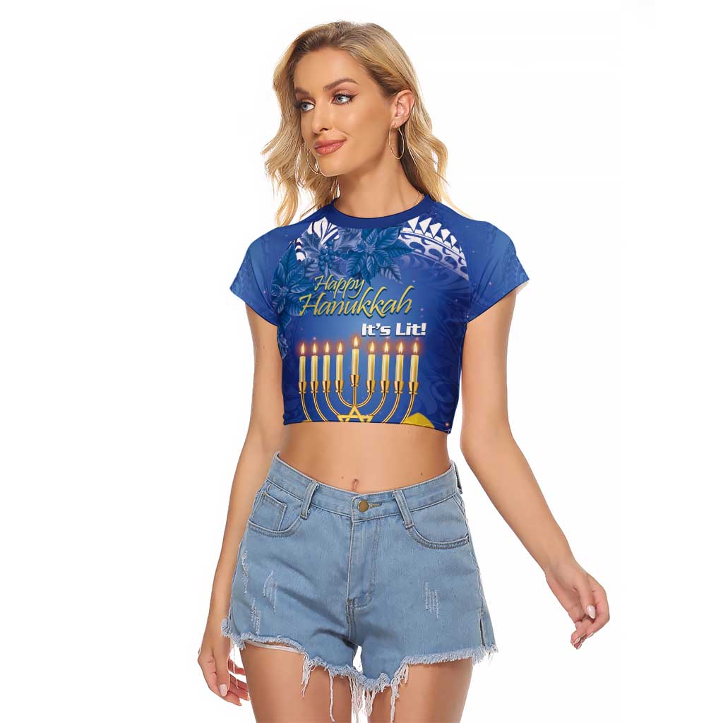 Personalised Hanukkah Jewish Festival Raglan Cropped T Shirt It's Lit - Polynesian Pattern