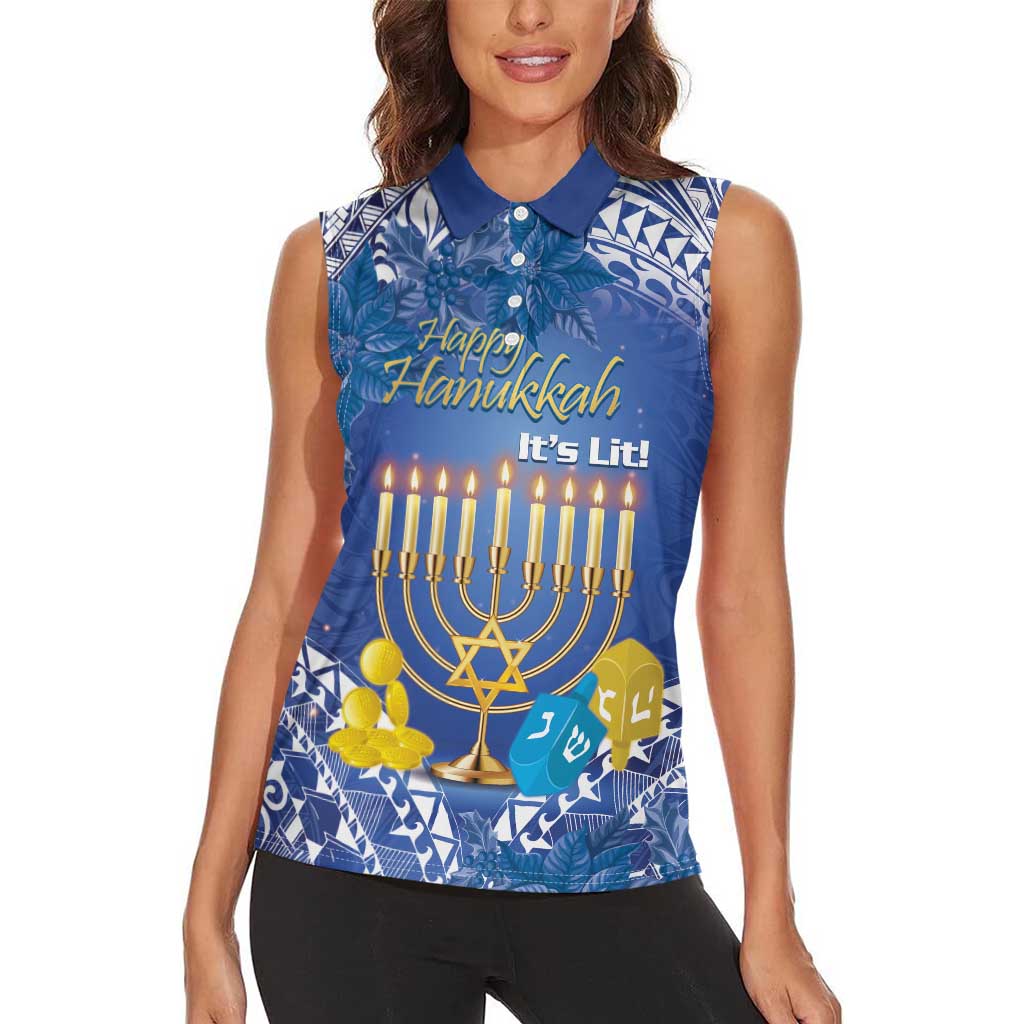 Personalised Hanukkah Jewish Festival Women Sleeveless Polo Shirt It's Lit - Polynesian Pattern