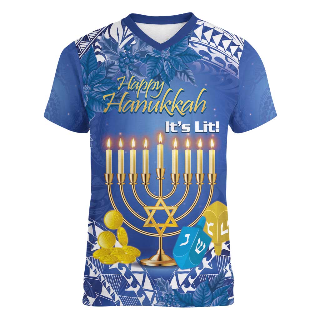 Personalised Hanukkah Jewish Festival Women V-Neck T-Shirt It's Lit - Polynesian Pattern