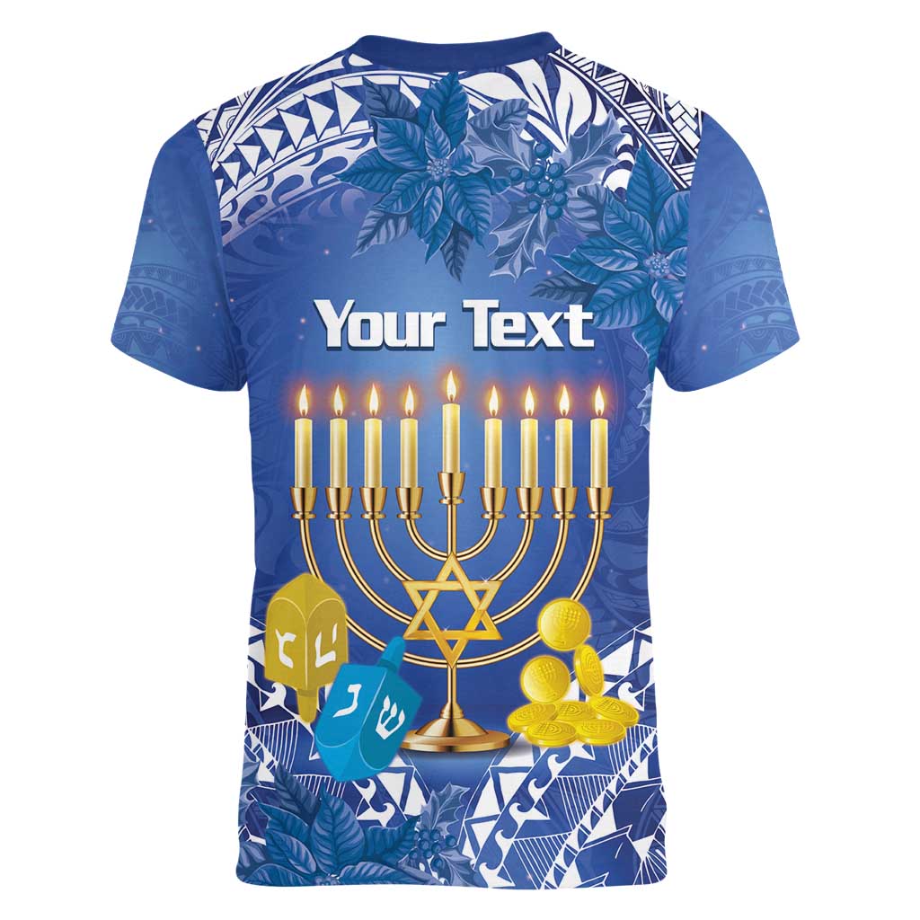 Personalised Hanukkah Jewish Festival Women V-Neck T-Shirt It's Lit - Polynesian Pattern