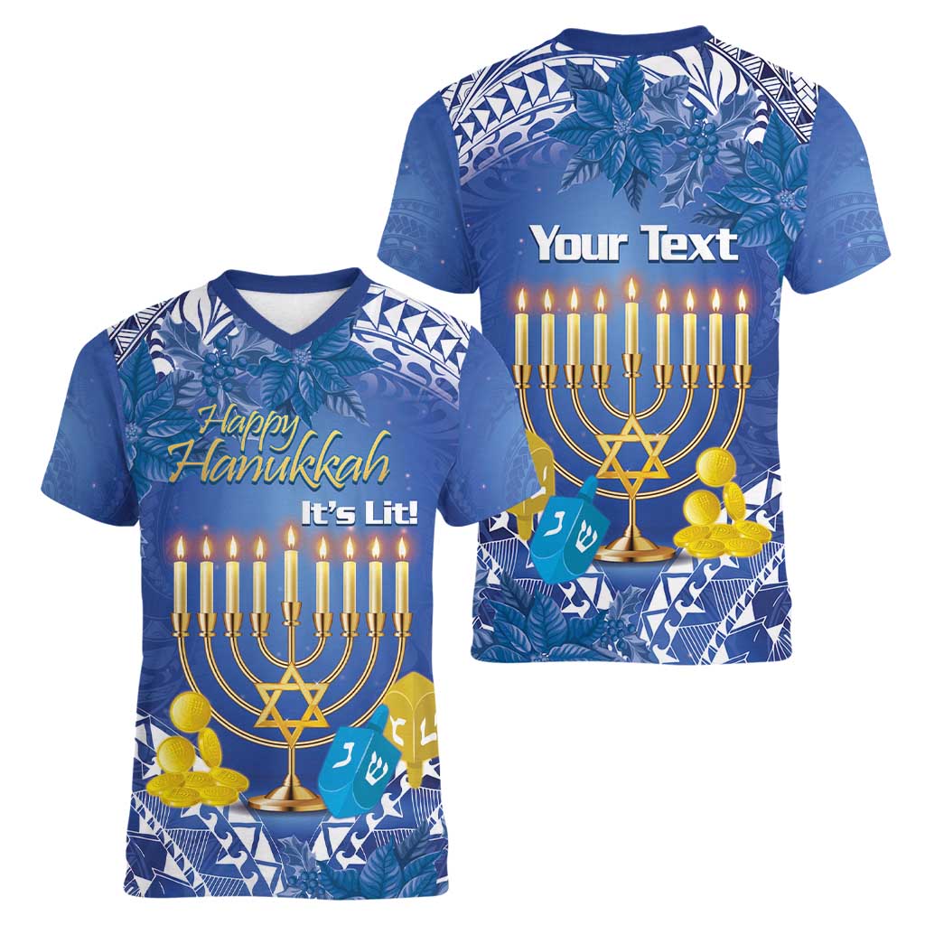 Personalised Hanukkah Jewish Festival Women V-Neck T-Shirt It's Lit - Polynesian Pattern