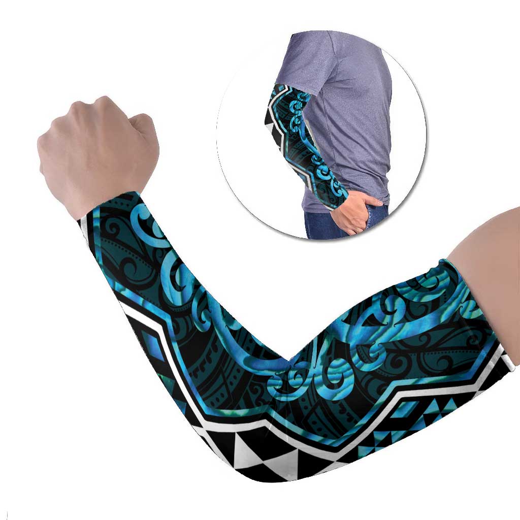 Turquoise Aotearoa Arm Sleeves Taniko Motifs With Paua Shell Kowhaiwhai - Polynesian Pride