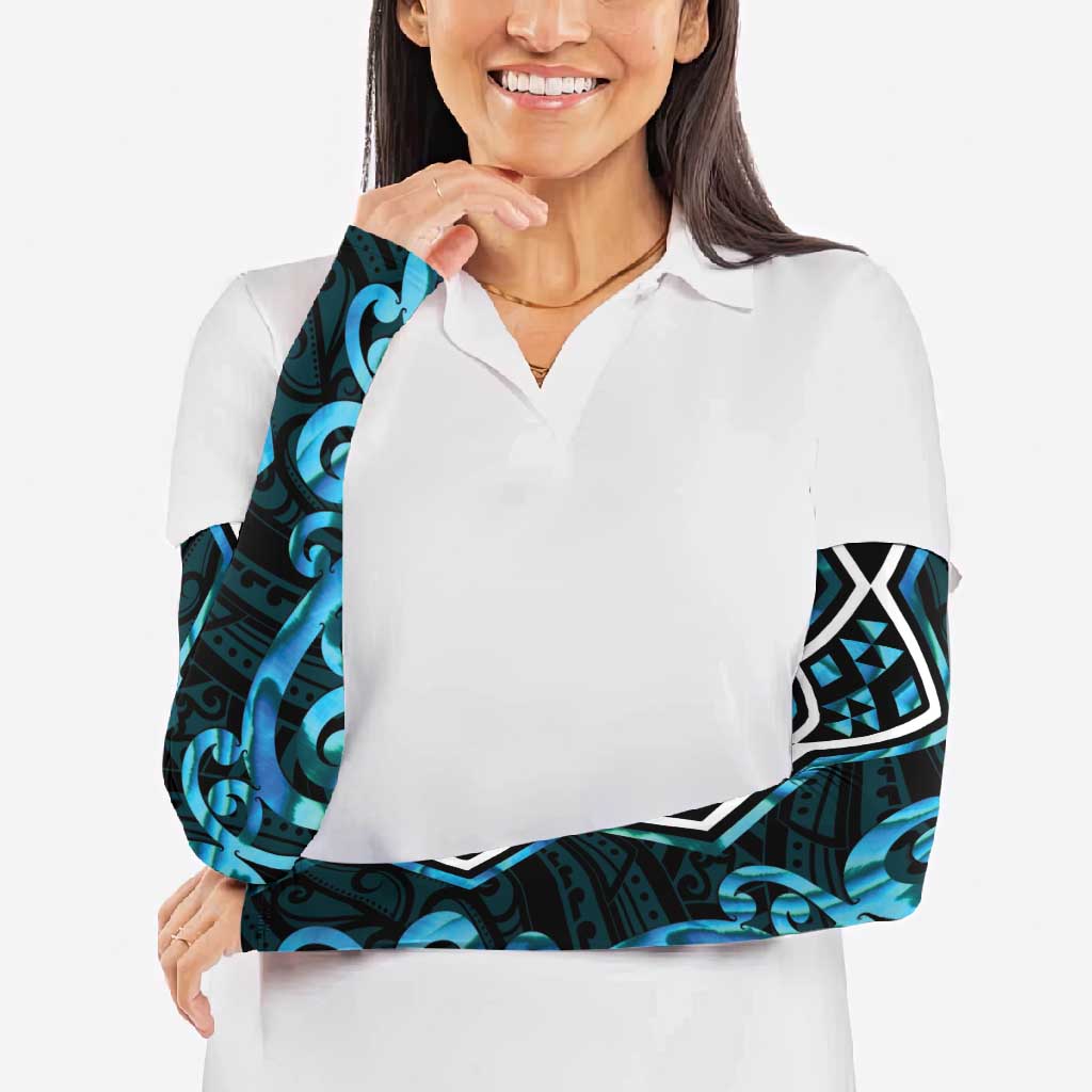 Turquoise Aotearoa Arm Sleeves Taniko Motifs With Paua Shell Kowhaiwhai - Polynesian Pride