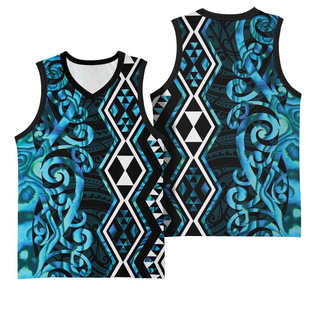 Turquoise Aotearoa Basketball Jersey Taniko Motifs With Paua Shell Kowhaiwhai - Polynesian Pride