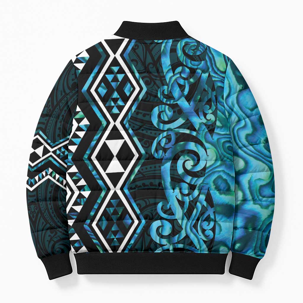 Turquoise Aotearoa Bomber Puffer Jacket Taniko Motifs With Paua Shell Kowhaiwhai - Polynesian Pride