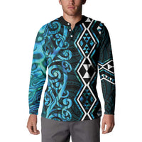 Turquoise Aotearoa Button Sweatshirt Taniko Motifs With Paua Shell Kowhaiwhai