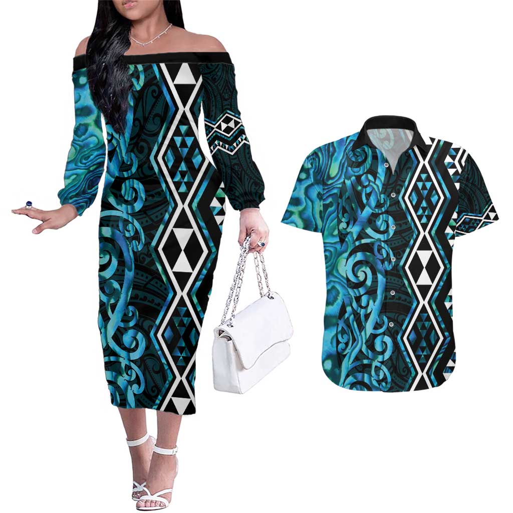 Turquoise Aotearoa Couples Matching Off The Shoulder Long Sleeve Dress and Hawaiian Shirt Taniko Motifs With Paua Shell Kowhaiwhai LT14 Turquoise - Polynesian Pride