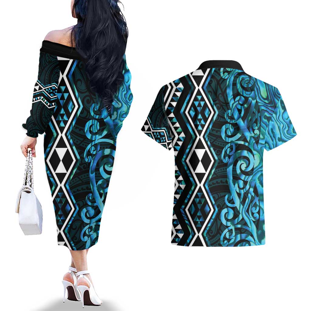 Turquoise Aotearoa Couples Matching Off The Shoulder Long Sleeve Dress and Hawaiian Shirt Taniko Motifs With Paua Shell Kowhaiwhai LT14 - Polynesian Pride