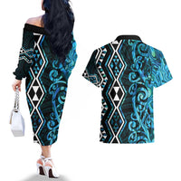 Turquoise Aotearoa Couples Matching Off The Shoulder Long Sleeve Dress and Hawaiian Shirt Taniko Motifs With Paua Shell Kowhaiwhai LT14 - Polynesian Pride
