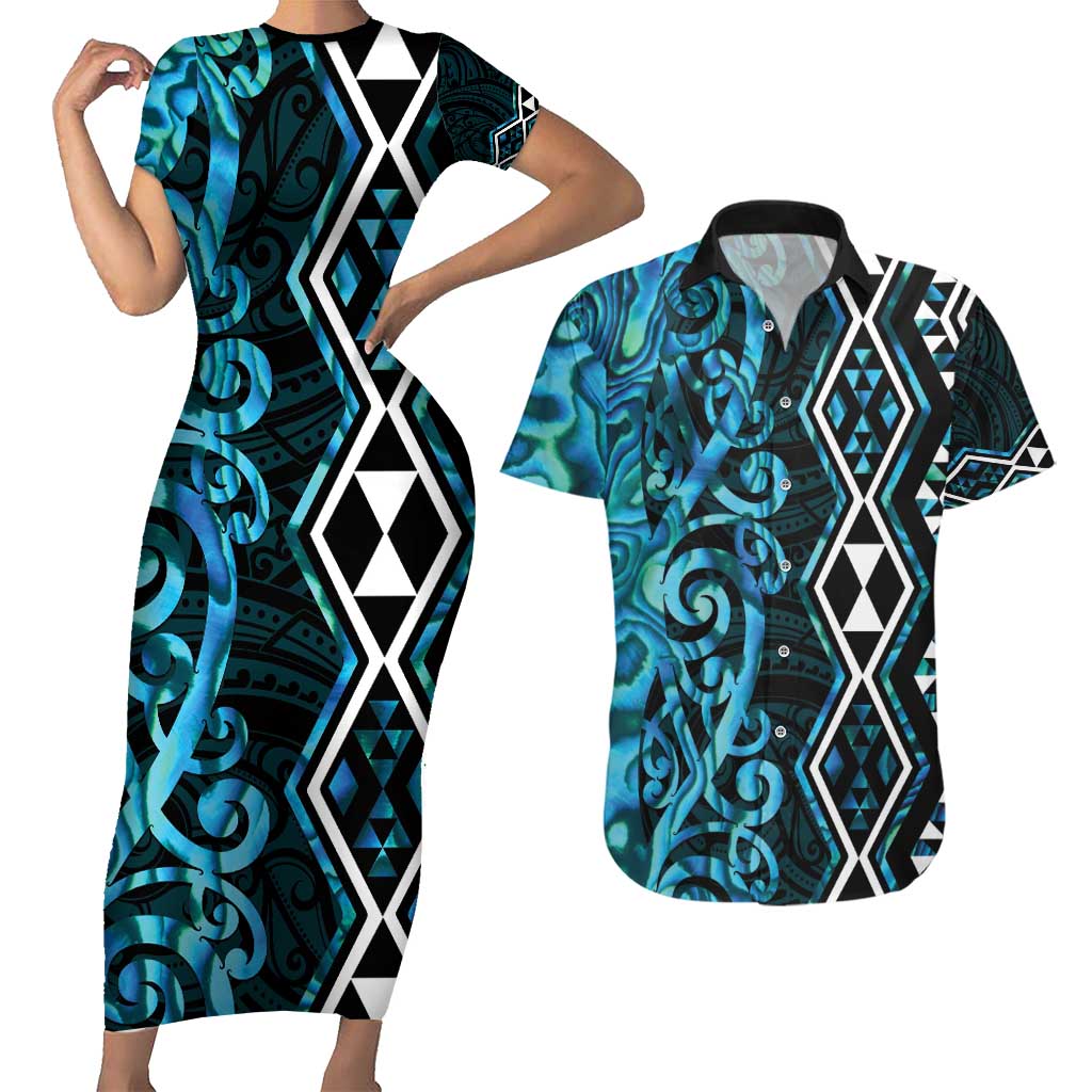 Turquoise Aotearoa Couples Matching Short Sleeve Bodycon Dress and Hawaiian Shirt Taniko Motifs With Paua Shell Kowhaiwhai LT14 Turquoise - Polynesian Pride