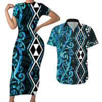 Turquoise Aotearoa Couples Matching Short Sleeve Bodycon Dress and Hawaiian Shirt Taniko Motifs With Paua Shell Kowhaiwhai LT14 Turquoise - Polynesian Pride