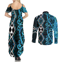 Turquoise Aotearoa Couples Matching Summer Maxi Dress and Long Sleeve Button Shirt Taniko Motifs With Paua Shell Kowhaiwhai