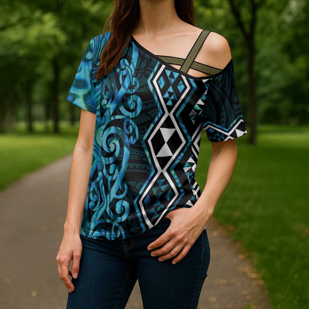 Turquoise Aotearoa Cross Shoulder Shirt Taniko Motifs With Paua Shell Kowhaiwhai - Polynesian Pride