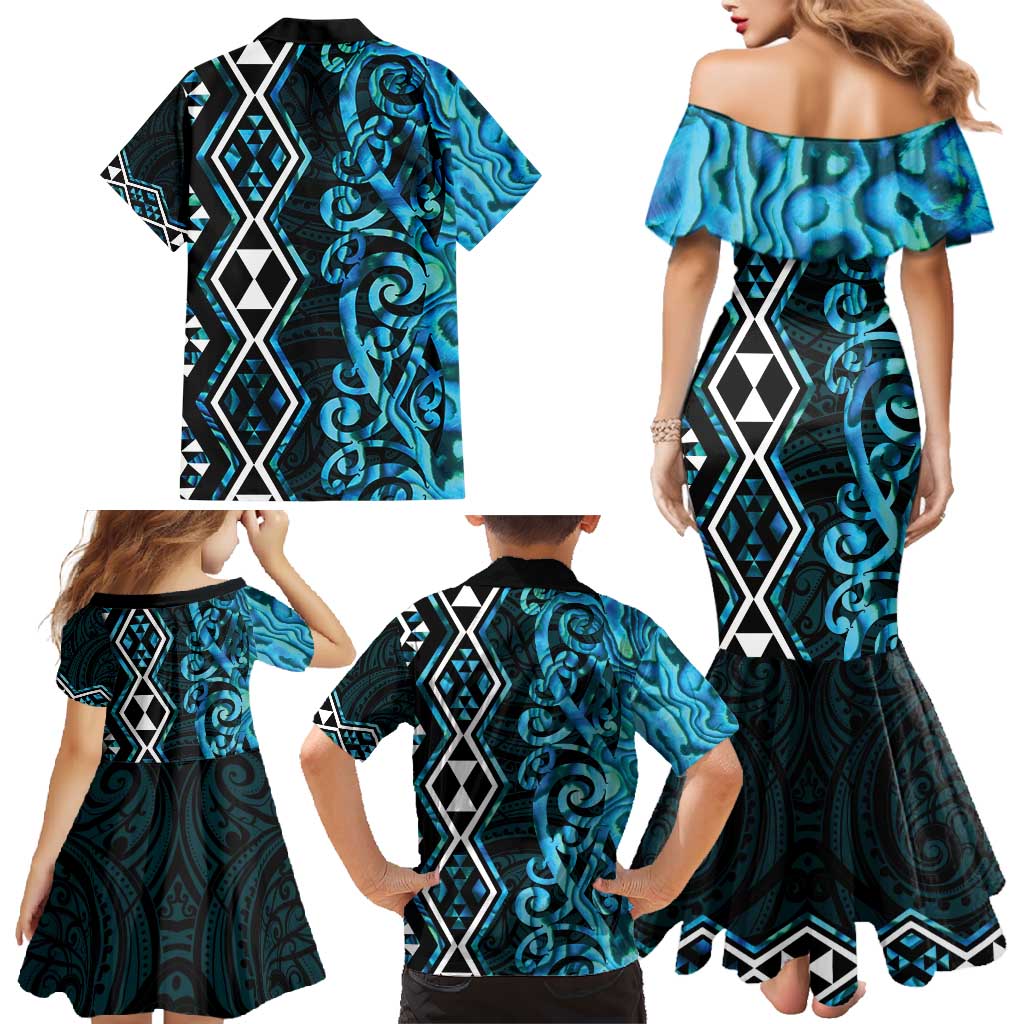 Turquoise Aotearoa Family Matching Mermaid Dress and Hawaiian Shirt Taniko Motifs With Paua Shell Kowhaiwhai LT14 - Polynesian Pride