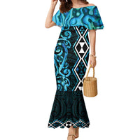 Turquoise Aotearoa Family Matching Mermaid Dress and Hawaiian Shirt Taniko Motifs With Paua Shell Kowhaiwhai LT14 Mom's Dress Turquoise - Polynesian Pride