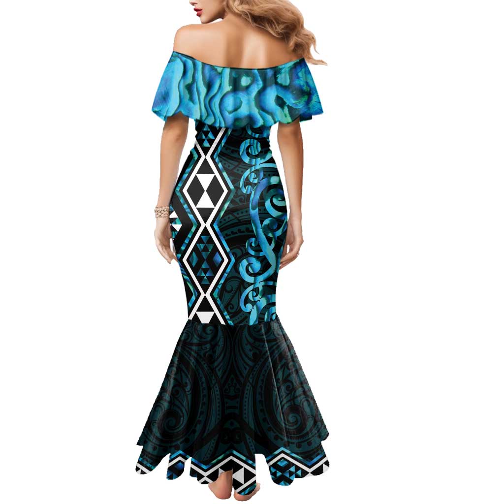 Turquoise Aotearoa Family Matching Mermaid Dress and Hawaiian Shirt Taniko Motifs With Paua Shell Kowhaiwhai LT14 - Polynesian Pride
