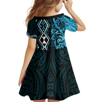 Turquoise Aotearoa Family Matching Off The Shoulder Long Sleeve Dress and Hawaiian Shirt Taniko Motifs With Paua Shell Kowhaiwhai LT14 - Polynesian Pride