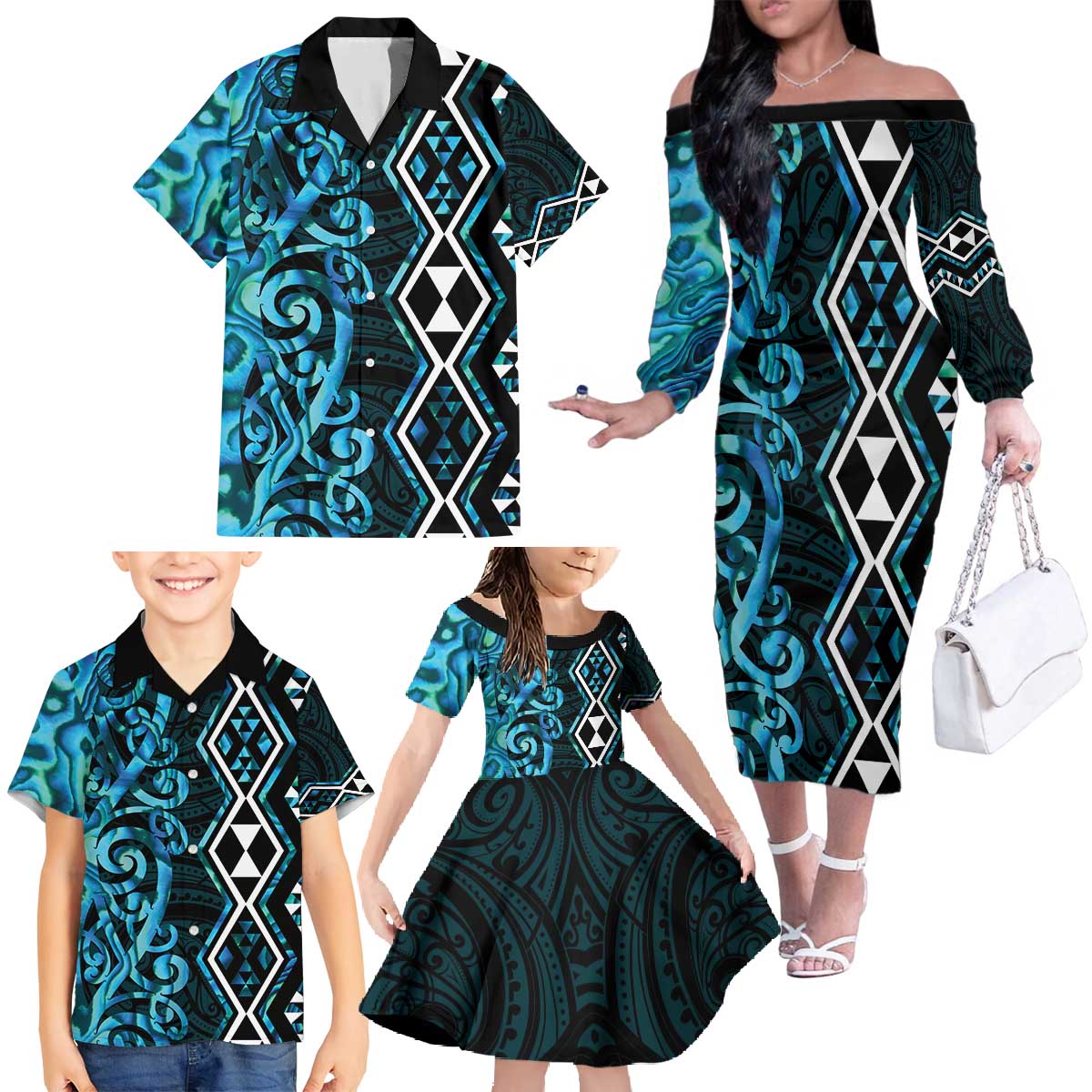 Turquoise Aotearoa Family Matching Off The Shoulder Long Sleeve Dress and Hawaiian Shirt Taniko Motifs With Paua Shell Kowhaiwhai LT14 - Polynesian Pride